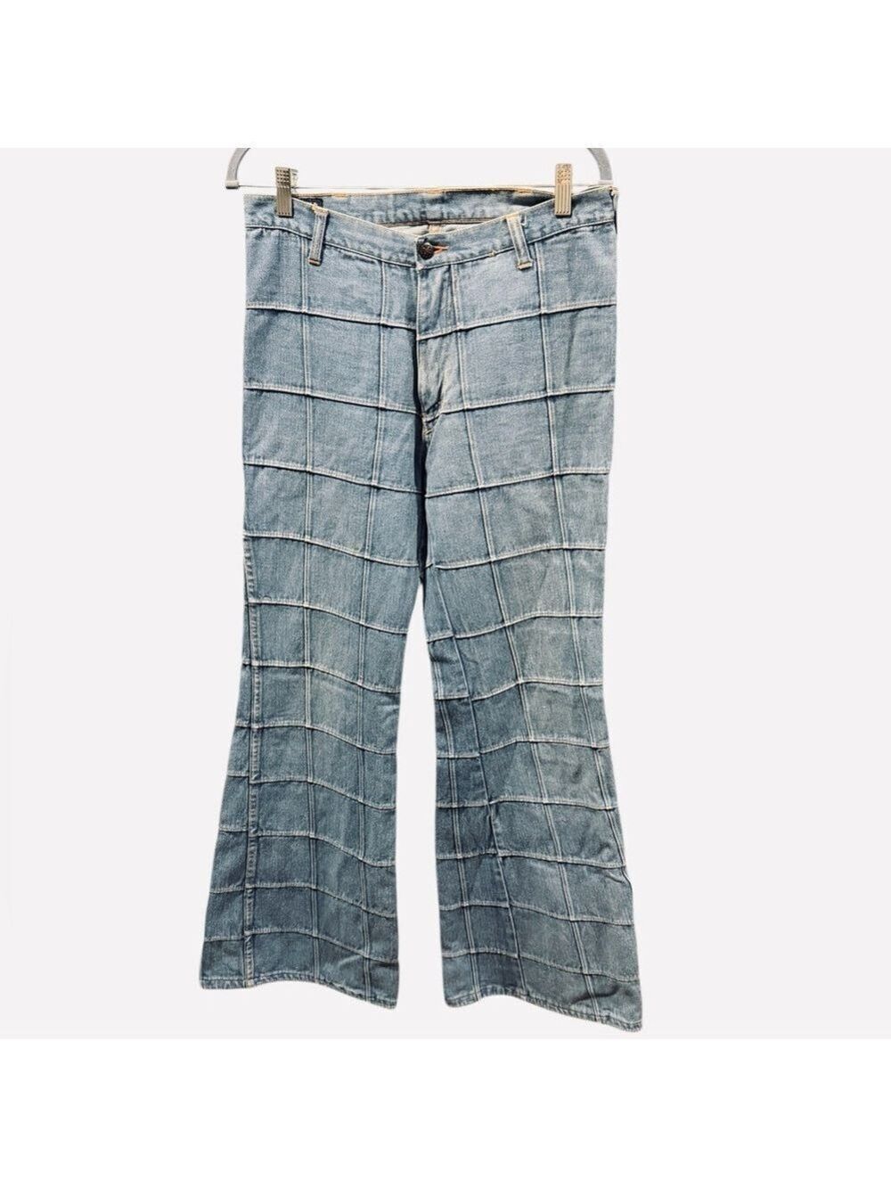 70’s Grid Windowpane Bell Bottom Hippie Brittania Patchwork Jeans 34L